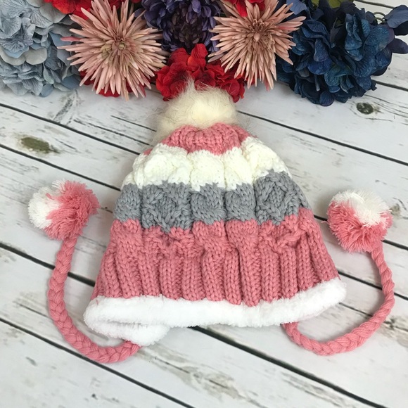 Gray, Pink & White Fleece Lined Beanie with Pom Poms - Picture 10 of 15